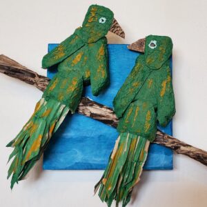 Elenor-Denker-ParrotTalk1-MixedMedia-12x14x3.5 Elenor Denker - Parrot Talk